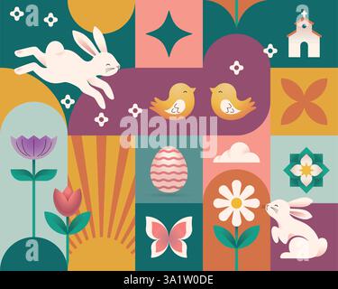 Motif sans couture de pâques moderne avec des éléments traditionnels et une composition de grille moderne. Couleurs douces de pâques, formes lisses. Design minimaliste inspiré du bauhaus. Vecteur général Illustration de Vecteur