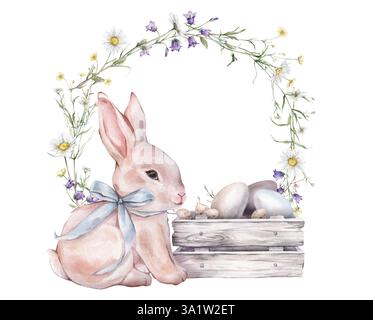 Carte de Pâques joyeuses avec des lapins mignons à l'aquarelle ou un lapin avec un arc bleu clair, des œufs de peinture, du saule et une couronne de papillon, de cloche bleue, de camomille. Pâques Banque D'Images