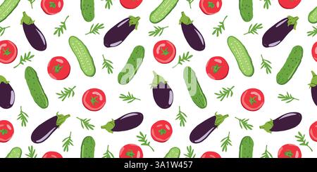 Motif végétal sans couture avec tomates, aubergines et concombres sur fond blanc. Modèle plat de nourriture pour le restaurant, bannière de marché de ferme Illustration de Vecteur