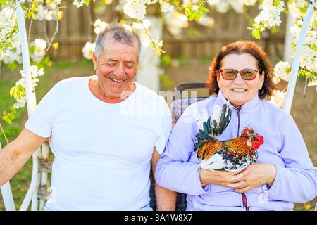 Couple d'âge moyen, dans l'environnement de la vie réelle, riant joyeusement dans le verger, avec la femme tenant un coq. Banque D'Images