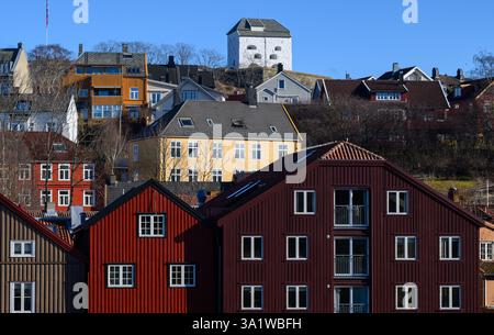 Trondheim, Norvège. 10 mars 2025. La forteresse de Kristiansten surplombe les maisons en bois typiques de Trondheim. Après des journées pluvieuses avec des températures douces, la semaine dans la troisième plus grande ville de Norvège commence avec beaucoup de soleil. Crédit : Hendrik Schmidt/dpa/Alamy Live News Banque D'Images