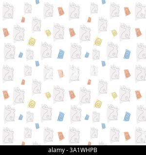 Modèle sans couture avec des dessins animés de lapin, des œufs de Pâques, des carottes et des fleurs de Marguerite sur un vecteur de fond bleu Illustration de Vecteur