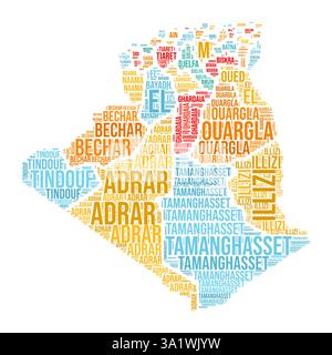 Algérie Word Cloud. Forme du pays avec division de région. Algérie image de style typographie. Nuages de balises de noms de région. Illustration vectorielle. Illustration de Vecteur
