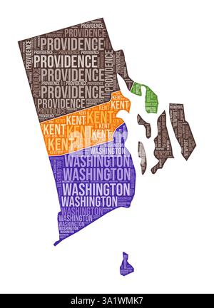 Forme Rhode Island. Indiquez le nuage de mots avec la division du comté. Rhode Island illustration colorée. Nuage de noms de comté. Illustration vectorielle. Illustration de Vecteur