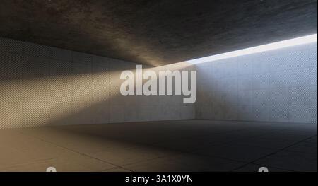 Salle en béton moderne vide avec plafond ouvert et murs texturés 3D. Banque D'Images