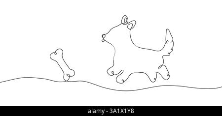 Silhouette d'un chien corgi dans le style de dessiner une ligne continue. Un chiot court après un os, bannière minimaliste horizontale. Illustration vectorielle pour la publicité d'une école de chien, vétérinaire, nourriture pour animaux de compagnie. Illustration de Vecteur