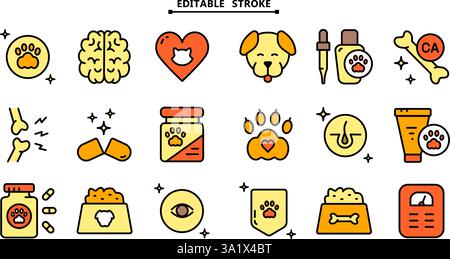 Ensemble d'icônes de vitamines pour animaux de compagnie. Contour modifiable. Différents types de médicaments pour animaux de compagnie, vitamines et suppléments. Icônes vectorielles simples pour ui et ux, site Web ou Mo Illustration de Vecteur