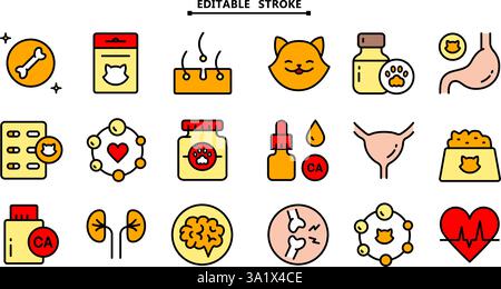 Ensemble d'icônes de vitamines pour animaux de compagnie. Contour modifiable. Différents types de médicaments pour animaux de compagnie, vitamines et suppléments. Icônes vectorielles de couleur simples pour ui et ux, site Web Illustration de Vecteur