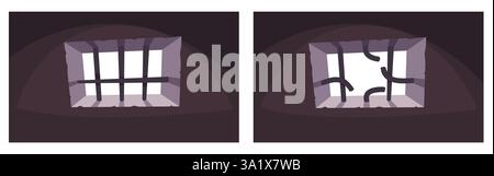 Barres entières et brisées de fenêtre de prison. Objet intérieur de prison. Grille en acier métallique endommagée. Échappez au jailbreak. Symbole de la liberté pour les criminels. Dessin animé Illustration de Vecteur