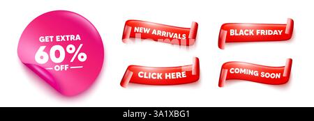 Bénéficiez d'une remise supplémentaire de 60 % sur les soldes. Affiche d'offre de réduction. Autocollant, bannières de rubans. Vecteur Illustration de Vecteur