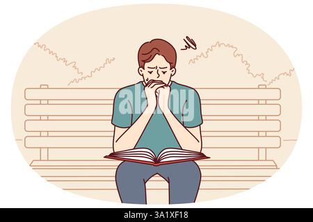 L'homme prie lit la sainte bible ou l'évangile assis sur le banc dans le parc public. Le croyant se tourne vers dieu et prie en demandant à tout-puissant de la religion chrétienne ou catholique pour aider à résoudre des problèmes Illustration de Vecteur