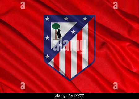 Pringsewu, Lampung 11 mars 2025 ; texture de fond du drapeau du logo du club de football de l'Atletico Madrid en LaLiga, Espagne. Illustration 3D. Banque D'Images
