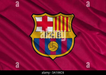 Pringsewu, Lampung 11 mars 2025 ; texture de fond du drapeau du logo du club de football de Barcelone en LaLiga, Espagne. Illustration 3D. Banque D'Images