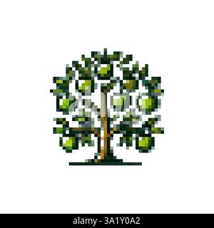 Logo d'arbre avec vecteur de fruits. Icône de pommier Pixel. Arbres printaniers. Style de pixel d'icône de vecteur d'arbre fruitier. Icône de sapin rétro élégante. Illustration de Vecteur