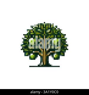 Logo d'arbre avec vecteur de fruits. Icône de pommier Pixel. Arbres printaniers. Style de pixel d'icône de vecteur d'arbre fruitier. Icône de sapin rétro élégante. Illustration de Vecteur