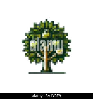 Logo d'arbre avec vecteur de fruits. Icône de pommier Pixel. Arbres printaniers. Style de pixel d'icône de vecteur d'arbre fruitier. Icône de sapin rétro élégante. Illustration de Vecteur