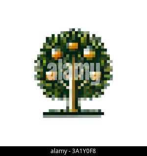 Logo d'arbre avec vecteur de fruits. Icône de pommier Pixel. Arbres printaniers. Style de pixel d'icône de vecteur d'arbre fruitier. Icône de sapin rétro élégante. Illustration de Vecteur