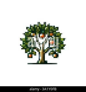 Logo d'arbre avec vecteur de fruits. Icône d'arbre mandarine. Arbres printaniers. Style de pixel d'icône de vecteur d'arbre fruitier. Icône de sapin rétro élégante. Illustration de Vecteur