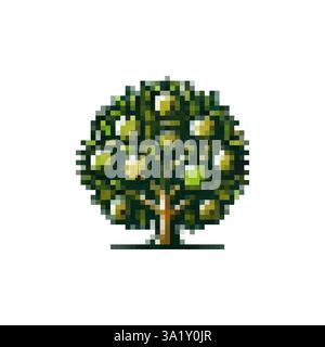Logo d'arbre avec vecteur de fruits. Icône de pommier Pixel. Arbres printaniers. Style de pixel d'icône de vecteur d'arbre fruitier. Icône de sapin rétro élégante. Illustration de Vecteur