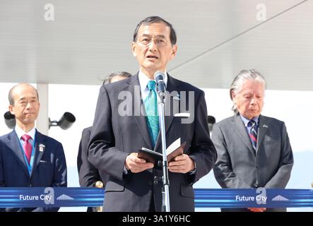 Osaka, Japon. 10 mars 2025. Yuichi Kitao, président du fabricant japonais de machines agricoles et de construction Kubota, prononce un discours pour l'ouverture d'un pavillon "future City" de l'exposition mondiale 2025 Osaka, Kansai lors d'une avant-première à Osaka, dans l'ouest du Japon, le lundi 10 mars 2025. L’Expo 2025 débutera du 13 avril au 13 octobre. (Photo de Yoshio Tsunoda/AFLO) crédit : Aflo Co. Ltd./Alamy Live News Banque D'Images