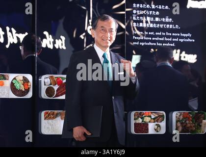 Osaka, Japon. 10 mars 2025. Yuichi Kitao, président de Kubota, fabricant japonais de machines agricoles et de construction, prononce un discours alors qu'il présente les prototypes de robots agricoles « Versatile Platform robot » lors d'un aperçu de presse du pavillon « future City » de l'exposition universelle 2025 Osaka, Kansai à Osaka, dans l'ouest du Japon, le lundi 10 mars 2025. L’Expo 2025 débutera du 13 avril au 13 octobre. (Photo de Yoshio Tsunoda/AFLO) crédit : Aflo Co. Ltd./Alamy Live News Banque D'Images