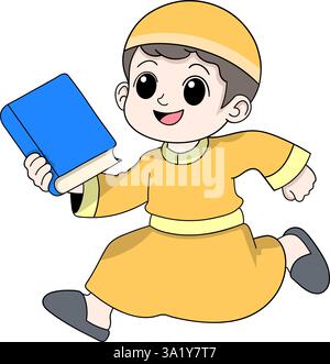 Un garçon musulman joyeux portant une robe jaune et une casquette court joyeusement tout en tenant un livre Saint bleu, symbolisant la dévotion et l'apprentissage Illustration de Vecteur