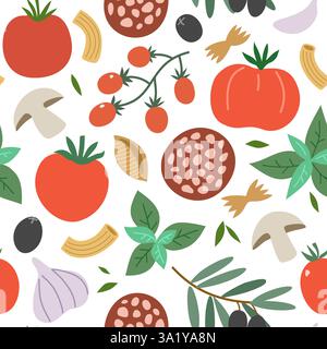 Éléments vectoriels alimentaires italiens pour la conception. Pâtes, tomates, épices et. champignons, illustrations dessinées à la main, isolé sur fond blanc. Illustration de Vecteur