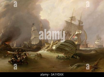 La bataille de Trafalgar est un engagement naval majeur au large des côtes espagnoles près de Cadix. Le résultat fut une victoire majeure pour la Royal Navy. Il a vu la destruction des flottes française et espagnole et a assuré la domination navale britannique pour un avenir prévisible. Cette peinture de Richard Bridges Beechey montre les conséquences de la bataille, avec beaucoup de navires endommagés, des hommes dans de petits bpats et un navire en feu. Le Dismasted Redoutable est le navire principal et est embarqué par un équipage britannique. Le Redoutable a coulé plus tard dans la journée dans une tempête. Banque D'Images