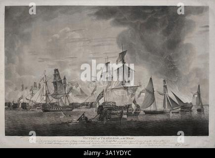 La bataille de Trafalgar est un engagement naval majeur au large des côtes espagnoles près de Cadix. Le résultat fut une victoire majeure pour la Royal Navy. Il a vu la destruction des flottes française et espagnole et a assuré la domination navale britannique pour un avenir prévisible. Cette gravure de Robert Dodd montre le plus rare de la ligne britannique, où les combats sont moins féroces. Banque D'Images