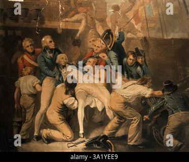 La bataille de Trafalgar est un engagement naval majeur au large des côtes espagnoles près de Cadix. Le résultat fut une victoire majeure pour la Royal Navy. Il a vu la destruction des flottes française et espagnole et a assuré la domination navale britannique pour les 100 années suivantes. L'amiral britannique, Lord Nelson, a été tué dans sa bataille quand il a été abattu par quelqu'un sur le navire français Redoutable. Cette peinture montre le Nelson frappé étant descendu sur le pont. Banque D'Images