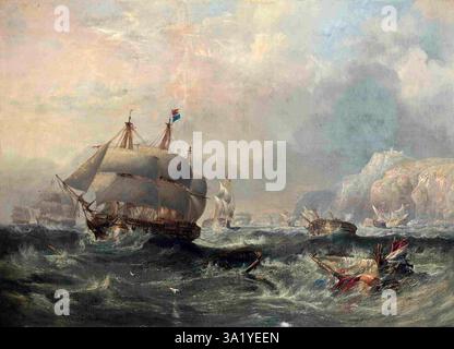 La bataille de Trafalgar est un engagement naval majeur au large des côtes espagnoles près de Cadix. Le résultat fut une victoire majeure pour la Royal Navy. Il a vu la destruction des flottes française et espagnole et a assuré la domination navale britannique pour un avenir prévisible. Cette peinture de James Wilson Carmichael montre le HMS Africa remorqué des hauts-fonds de Trafalgar par le HMS Conqueror trois jours après la bataille. Banque D'Images