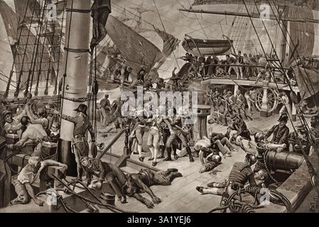 La bataille de Trafalgar est un engagement naval majeur au large des côtes espagnoles près de Cadix. Le résultat fut une victoire majeure pour la Royal Navy. Il a vu la destruction des flottes française et espagnole et a assuré la domination navale britannique pour les 100 années suivantes. L'amiral britannique, Lord Nelson, a été tué dans sa bataille quand il a été abattu par quelqu'un sur le navire français Redoutable. Cette image montre le moment où il a été frappé. Banque D'Images