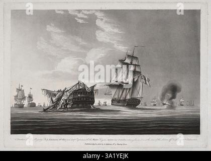 La bataille de Trafalgar est un engagement naval majeur au large des côtes espagnoles près de Cadix. Le résultat fut une victoire majeure pour la Royal Navy. Il a vu la destruction des flottes française et espagnole et a assuré la domination navale britannique pour un avenir prévisible. Cette gravure montre le HMS Belleisle démâté et naufragé remorqué en lieu sûr par le HMS Naiad à la fin de la bataille. Banque D'Images