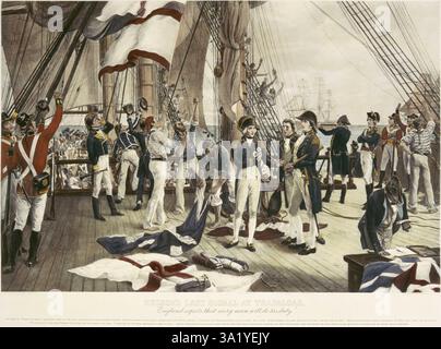 La bataille de Trafalgar est un engagement naval majeur au large des côtes espagnoles près de Cadix. Le résultat fut une victoire majeure pour la Royal Navy. Il a vu la destruction des flottes française et espagnole et a assuré la domination navale britannique pour un avenir prévisible. Cette peinture montre Nelson mettant en place son célèbre signal que l'Angleterre attend que chaque homme accomplisse son devoir. Banque D'Images