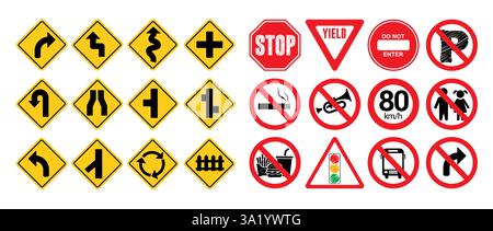 Ensemble de cliparts d'icônes de signalisation routière. Clip art de panneau de sécurité de la circulation routière comme pas de stationnement, pas d'entrée, pas de klaxon, attention et collection de panneaux de danger Illustration de Vecteur