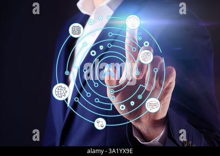 Intelligence artificielle. Homme d'affaires utilisant l'écran virtuel avec des icônes et l'abréviation ai sur fond bleu foncé, gros plan Banque D'Images