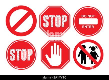 Icône rouge du panneau d'arrêt clipart définie. Panneaux d'avertissement symbole clip art collection pas d'entrée, attention, interdit, interdit et dangereux panneau Illustration de Vecteur