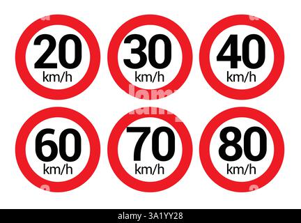 Icône de limite de vitesse définie pour l'icône de route. Limite de vitesse de circulation sur autoroute clip art avertissement maximum km par heure pour la sécurité de la conduite vecteur de signalisation de réglementation Illustration de Vecteur