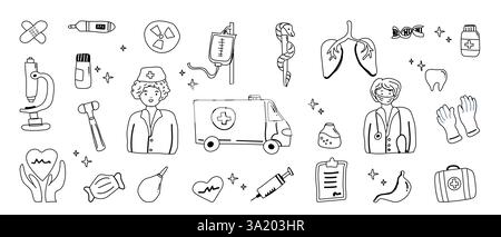 Icônes médicales : divers outils et professionnels de l'imagerie médicale. Illustration de Vecteur