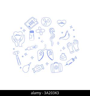 Griffonnages médicaux dessinés à la main présentant des symboles de santé et de l'équipement. Illustration de Vecteur