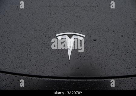 Nitra, Slovaquie - 4 octobre 2024 : marque Tesla sur un capot de voiture avec gouttes d'eau. Une voiture Tesla moderne en gros plan. Logo Tesla. Banque D'Images