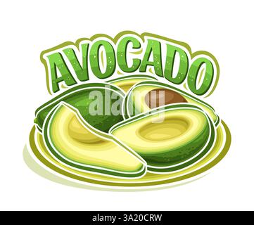 Logo vectoriel pour avocat, affiche décorative horizontale avec composition d'avocat vert, groupe de légumes hachés sur plat jaune et pinceau Lett unique Illustration de Vecteur
