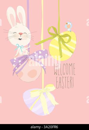 Carte de voeux joyeuses Pâques avec joli lapin blanc et œufs de Pâques Illustration de Vecteur