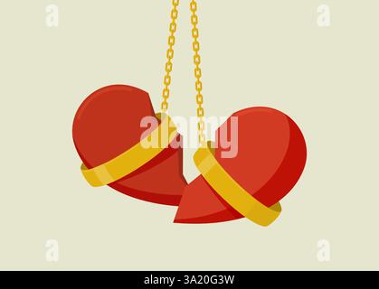 Coeur brisé et alliances. Concept de divorce ou de rupture. Illustration vectorielle. Illustration de Vecteur