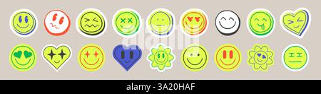 Autocollants de visage d'émoticône groovy dans des couleurs néon vives avec un style rétro funky et des vibrations positives. Icônes de dessin animé avec des expressions souriantes, riantes, aimantes et cool. Esthétique hippie amusante des années 70 pour les messages Illustration de Vecteur