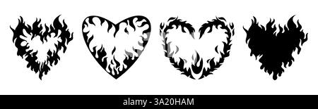 Silhouettes de coeur de flamme - symboles d'amour brûlants, formes romantiques passionnées remplies de motifs de feu. Signes d'affection flamboyants, diverses textures flamboyantes à l'intérieur d'éléments de conception de tatouage amoureux. Illustration de Vecteur