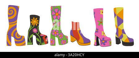 Ensemble vectoriel de bottes de plateforme rétro des années 70 Illustration de Vecteur
