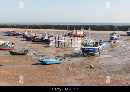 Une flotte de bateaux de pêche dans le port de Folkestone à marée basse. Banque D'Images