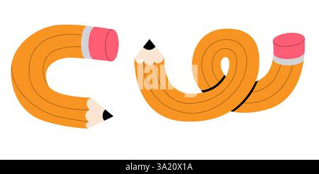 Illustration vectorielle de jeu de crayons. Crayon simple jaune flexible torsadé dans différentes formes comme coeur, noeud, coche, plier un, griffonnages. Retour à Illustration de Vecteur