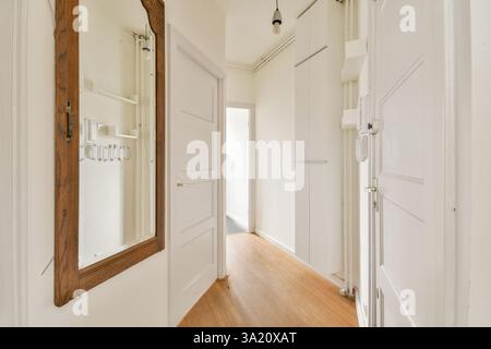 Un couloir spacieux avec un miroir, des portes à panneaux blancs et du parquet, créant une atmosphère lumineuse et accueillante dans la maison. Banque D'Images